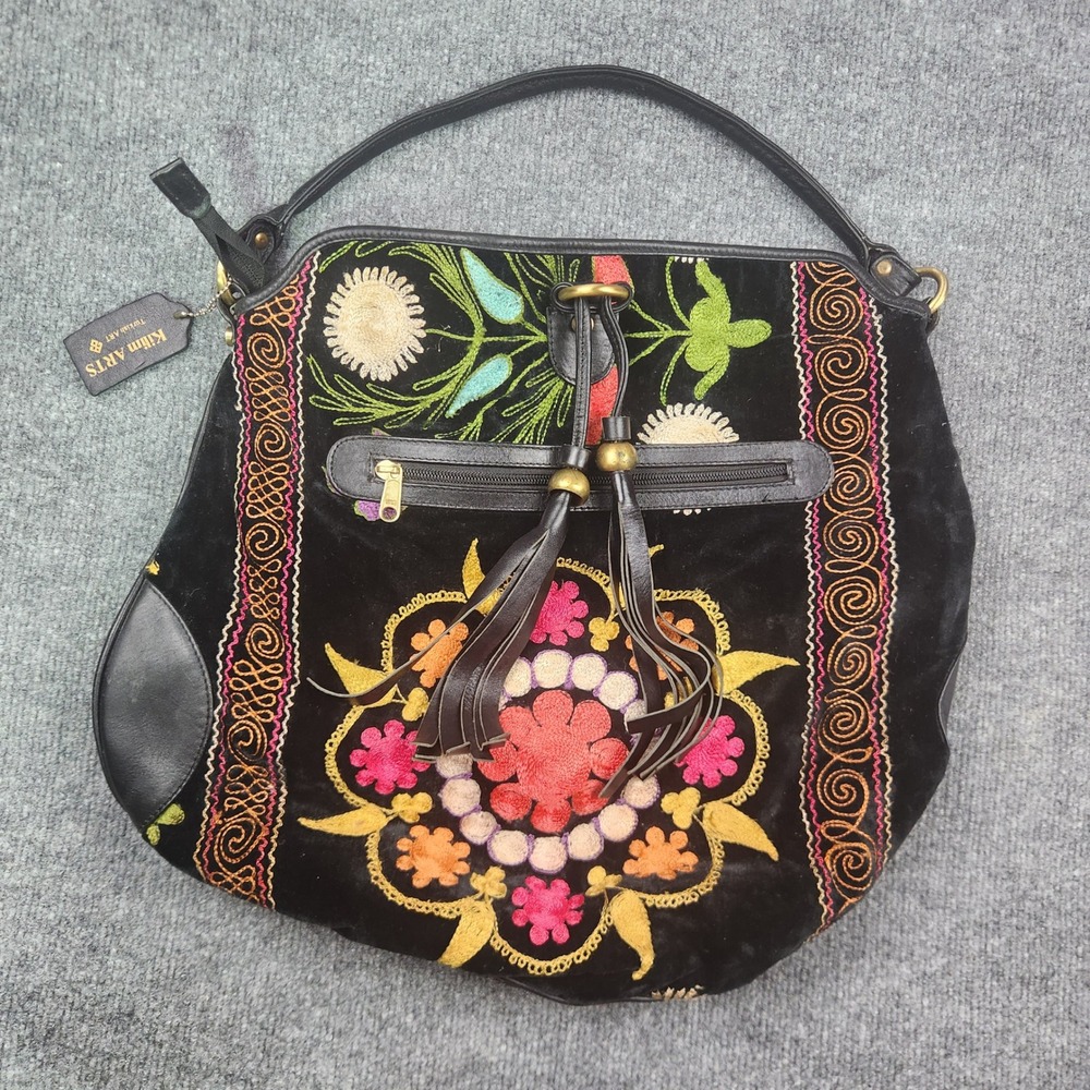 Kilim Arts Turkish Embroidered Black Velvet Leather Boho Tassel Shoulder Bag